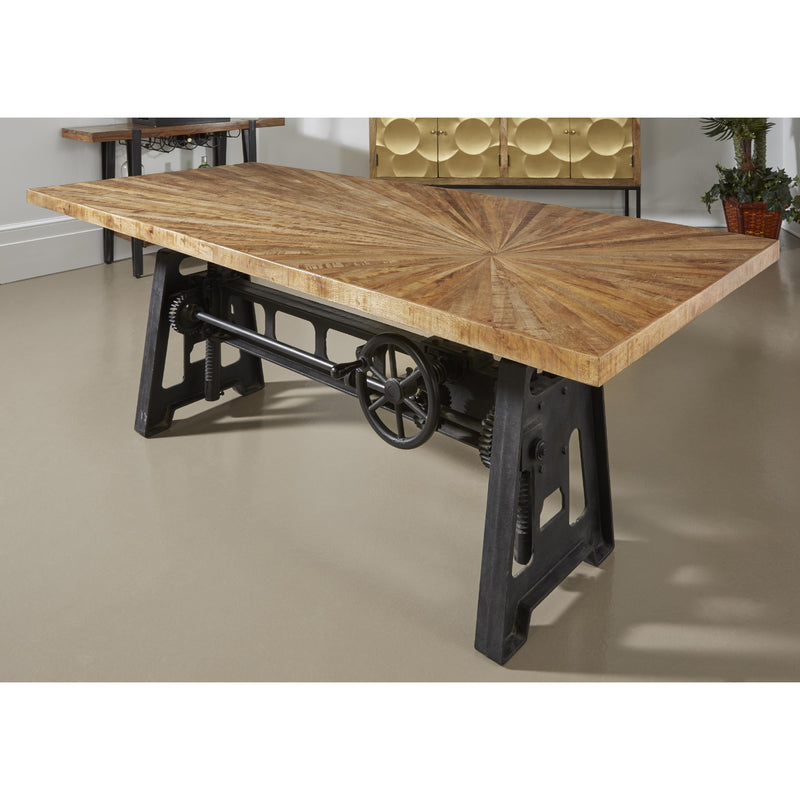 Coast2Coast Sunny 69210 Solid Wood 6 Person Adjustable Height Dining Table with Offset Sunburst Patterned Top and Cast Iron Crank Base IMAGE 9