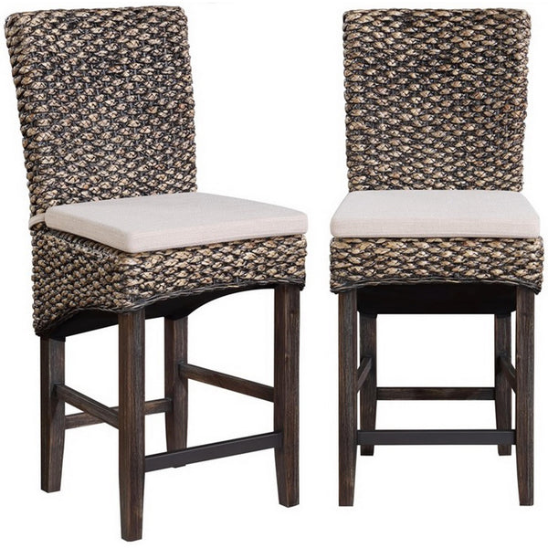 Coast2Coast Quest 71154 Set of 2 Coastal Seagrass Counter Height Dining Barstools with Brown Seat and Cream Cushion IMAGE 1